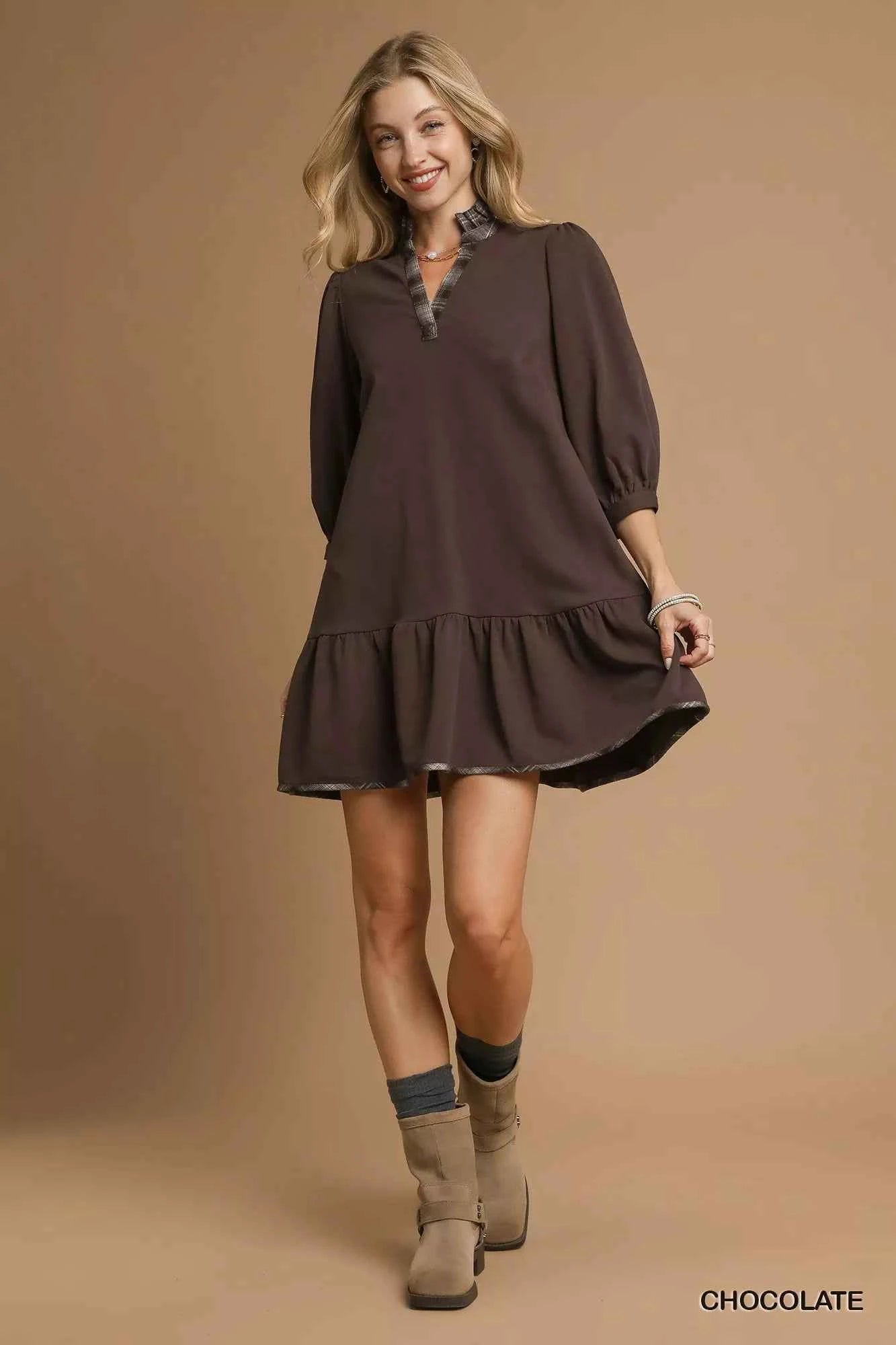 Umgee French Terry Ruffle Hem Dress with Plaid Trim cc5e0bff-58f1-446f-8723-da53523795bb-Max-Origin