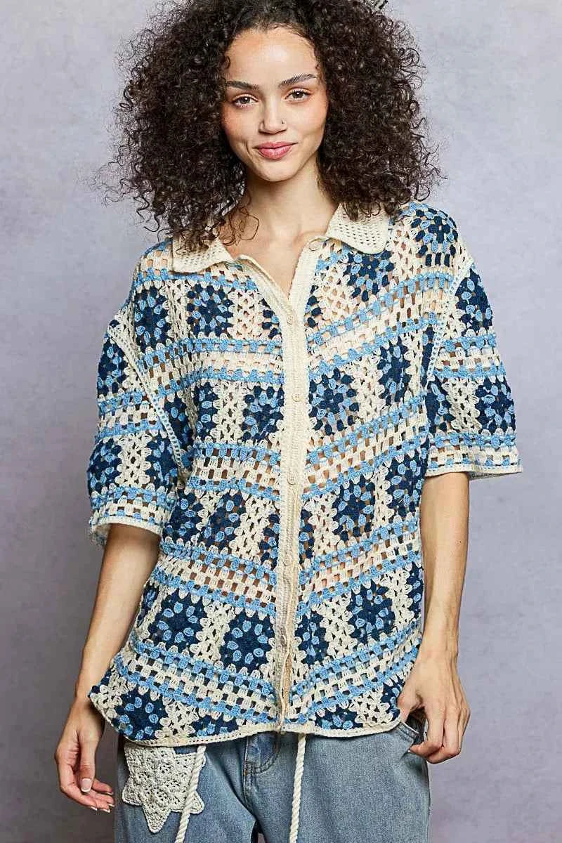 POL Openwork Short Sleeve Crochet Shirt with Border Accents BLUE MULTI cc65e137-9aaf-4ae6-b4ae-3d3d07eac3f5-Max-Origin