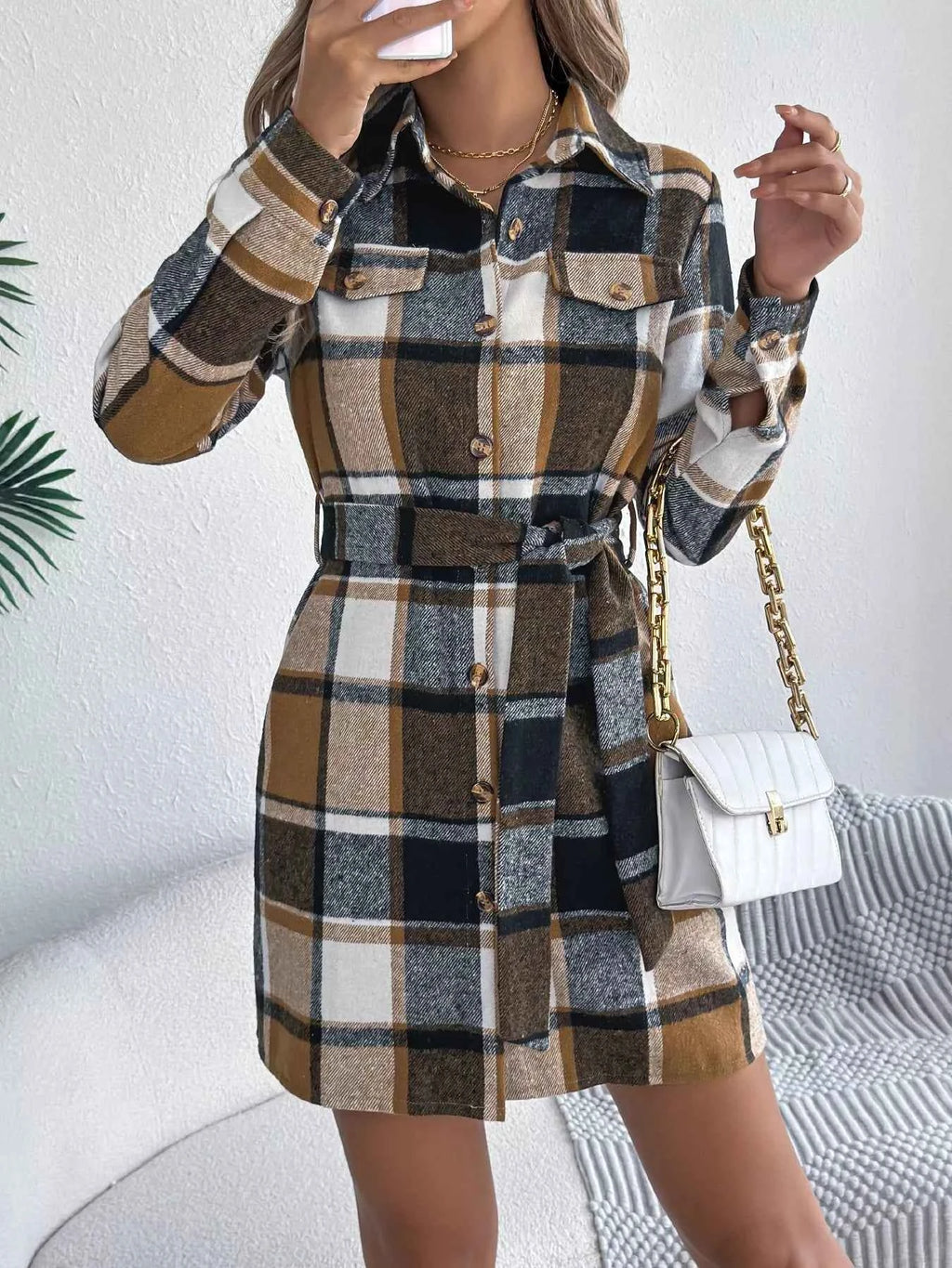 Plaid Button Front Tie Waist Shirt Dress cc6afca8562541fa897a6ee7fbf257c8-Max-Origin