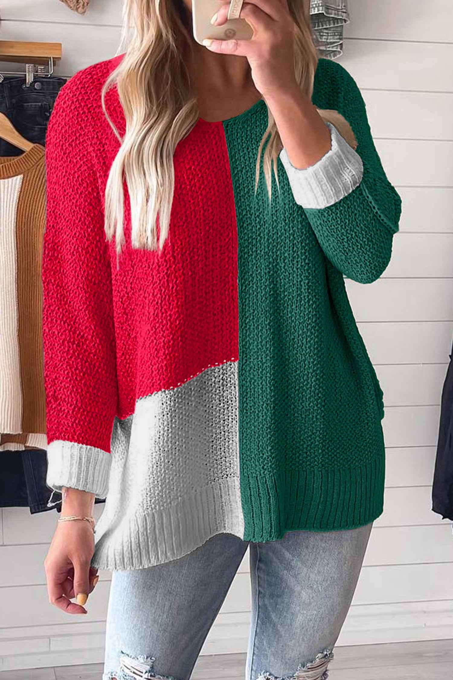 Chestnut Color Block Knit V Neck Loose Sweater Evergreen 75%Acrylic+25%Polyamide cc707ec1941fb3ea