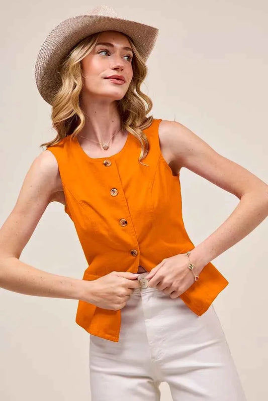 Slim Fit Button Front Game Day Color Denim Vest Top ORANGE cc72e9ae49cb449cb6414fd62dc6b07e-Max-Origin
