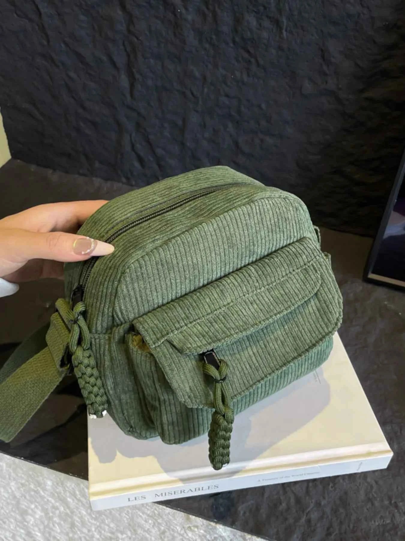 Corduroy Crossbody Bag with Adjustable Strap Green One Size cc746914a4554ca6b57dd0b78cc73fcb-Max-Origin