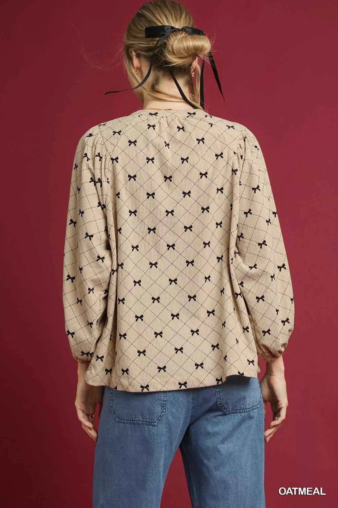 Umgee Corduroy Bow Print Balloon Sleeve Blouse cc762fba-3a80-42e8-bf5d-959e0c49f997-Max-Origin