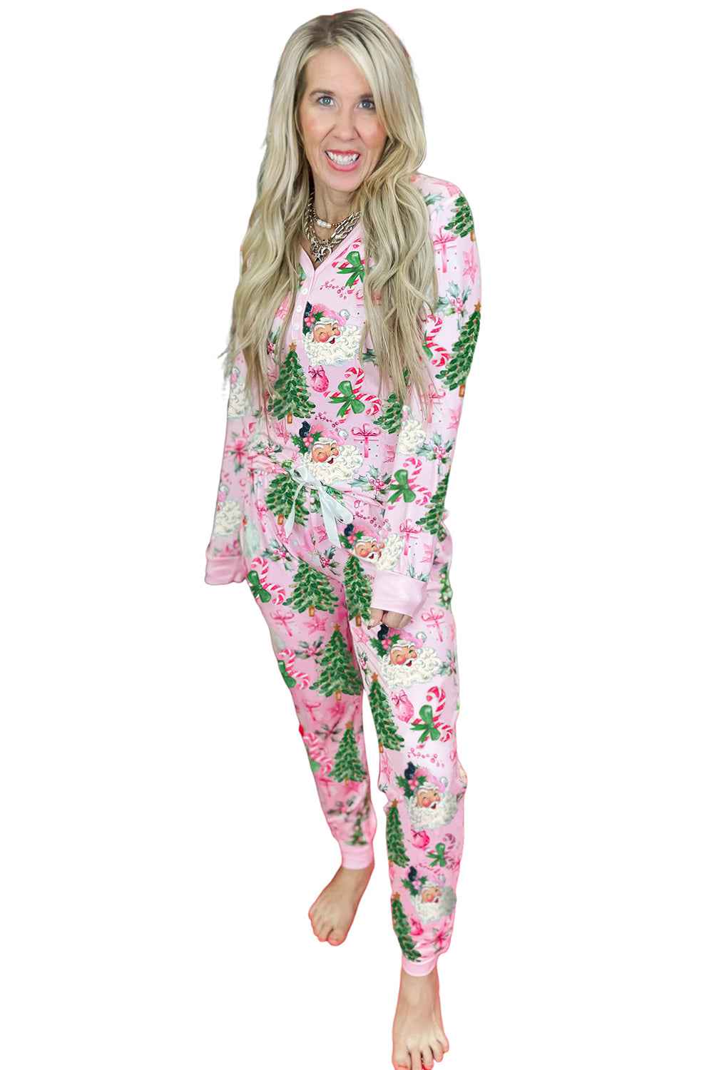 Pink Christmas Pattern Button V Neck Pullover Drawstring Pants 2pcs Lounge Set cc7b1401e9a5b68c