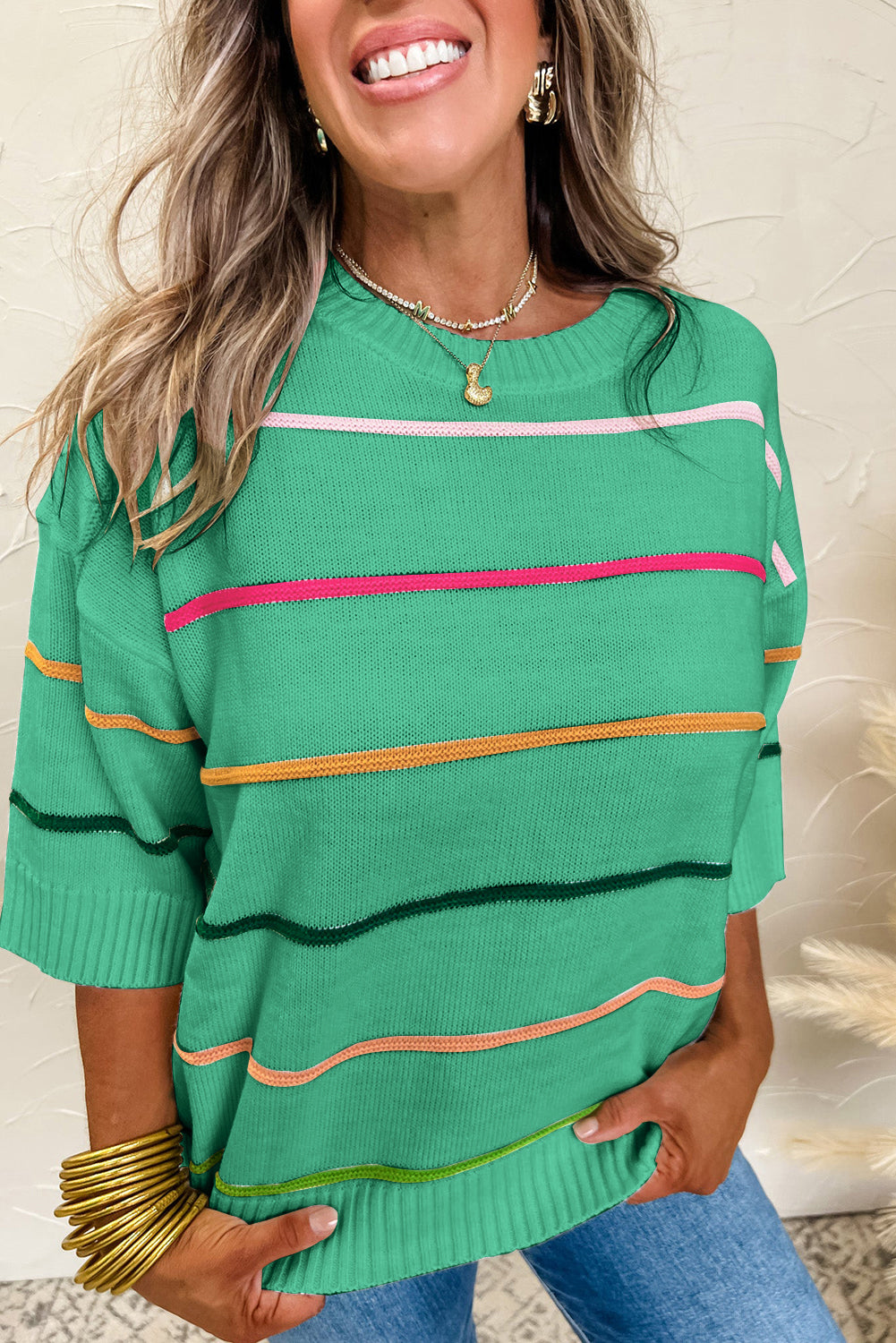 Orchid Petal Striped Half Sleeve Drop Shoulder Sweater Green 50%Viscose+28%Polyester+22%Polyamide cc7c887556f0539c