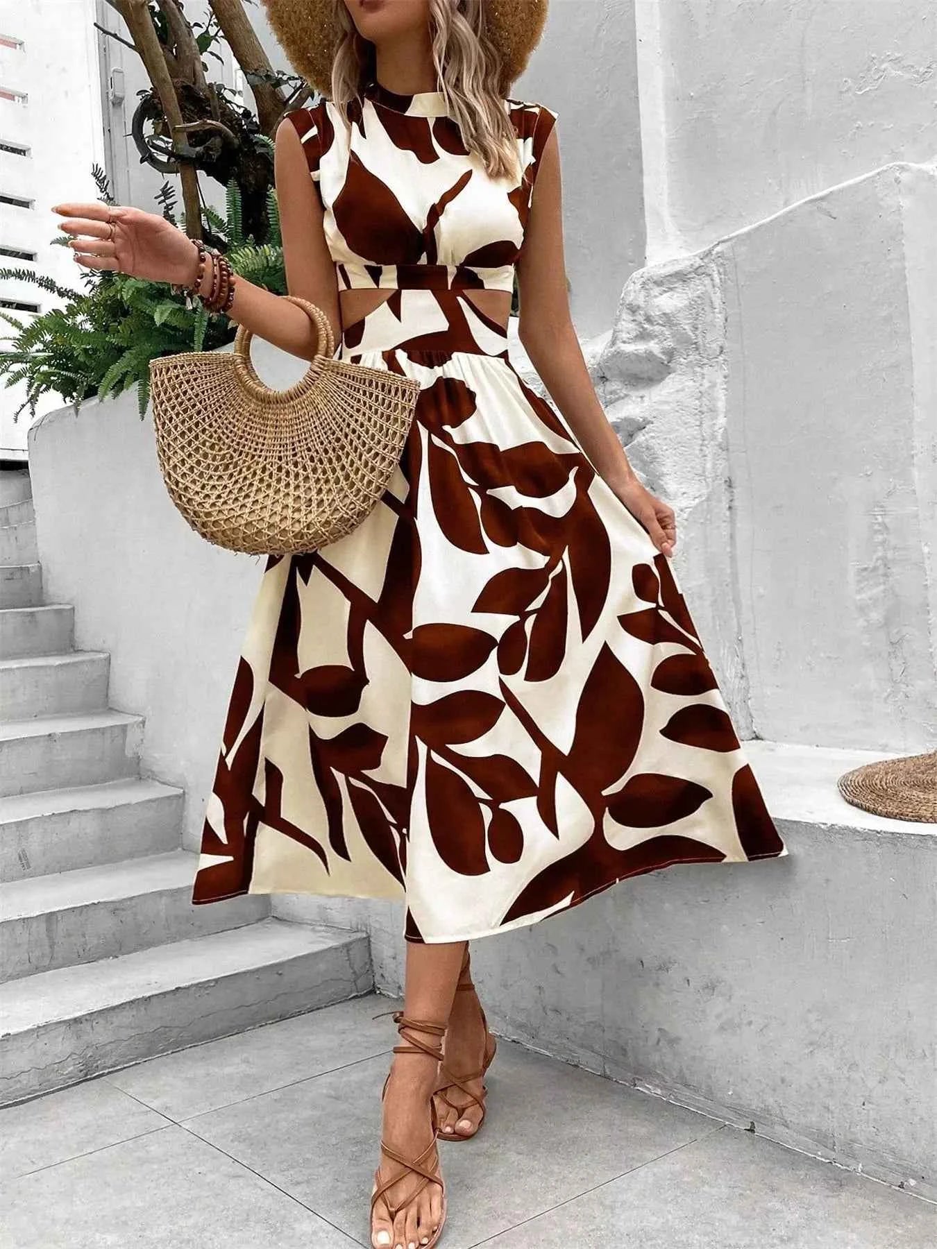 Cutout Printed Sleeveless Dress Coffee Brown cc81ce54-21d8-47aa-b8df-46aedd5577ff-Max-Origin