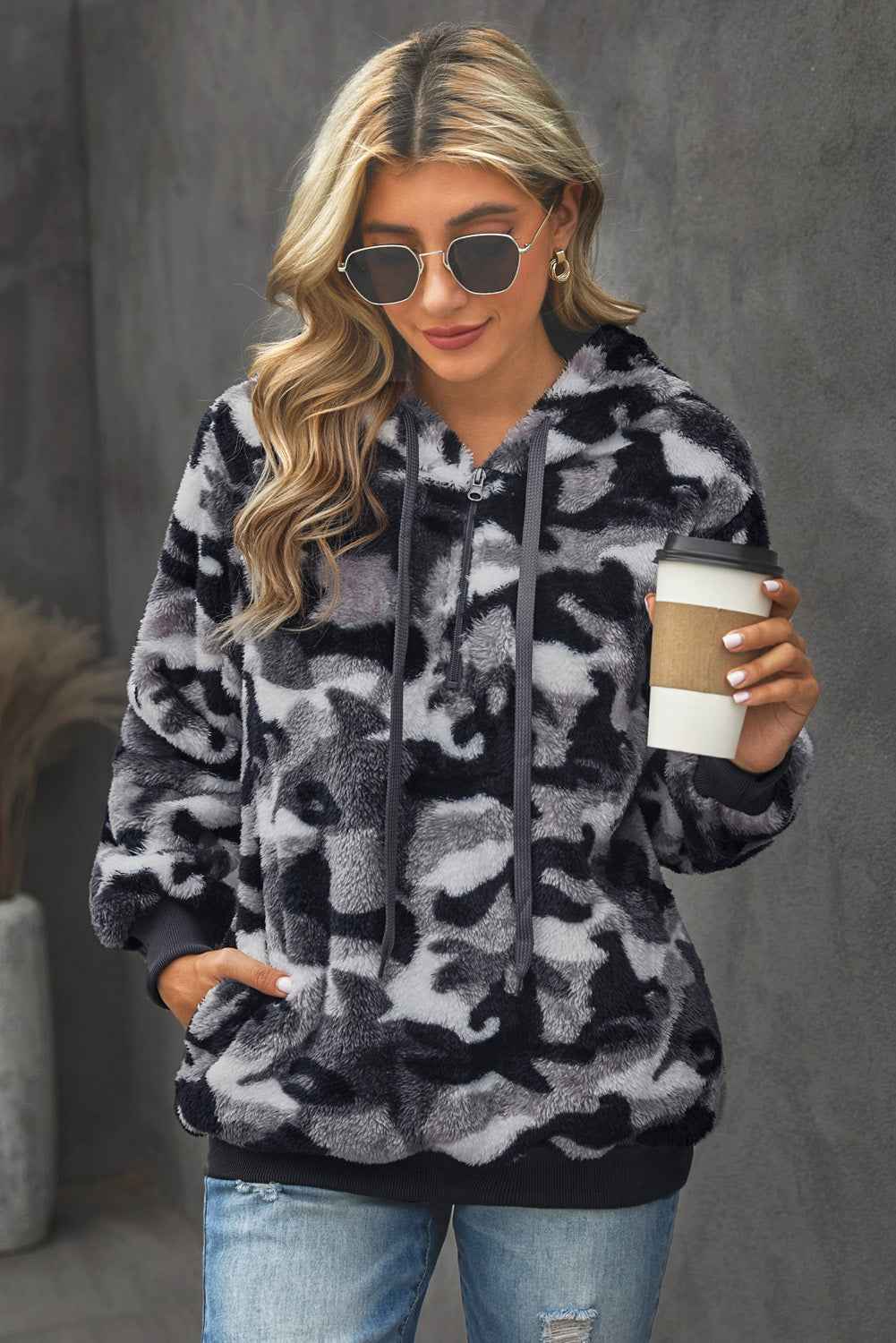 Gray Camo Print Warm Furry Pullover Hoodie cc823dd698eeafbc