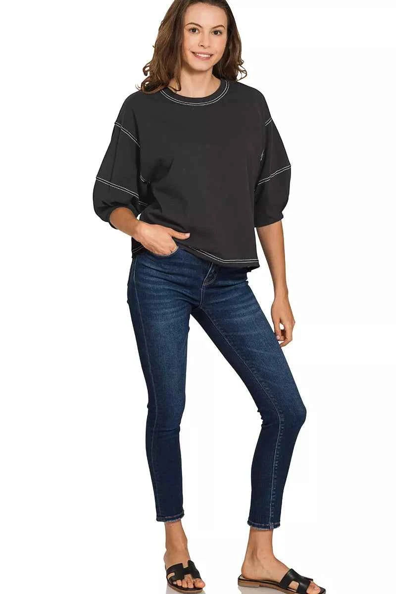 Zenana Balloon Sleeve Top with Contrast Stitching cc88965185f045338464a2b1d190082a-Max-Origin