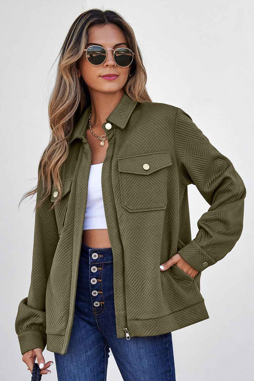 Blackish Green Solid Color Zip Up Button Flap Pocket Shirt Collar Jackets cc8d6ab6164245b3