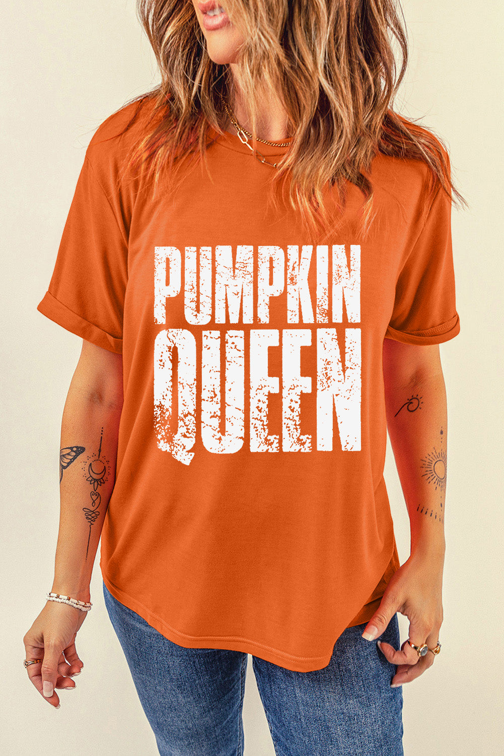 Orange PUMPKIN QUEEN Heat Transfer Printing Graphic Crew Neck Tee cc92db4fcbcd8a0d