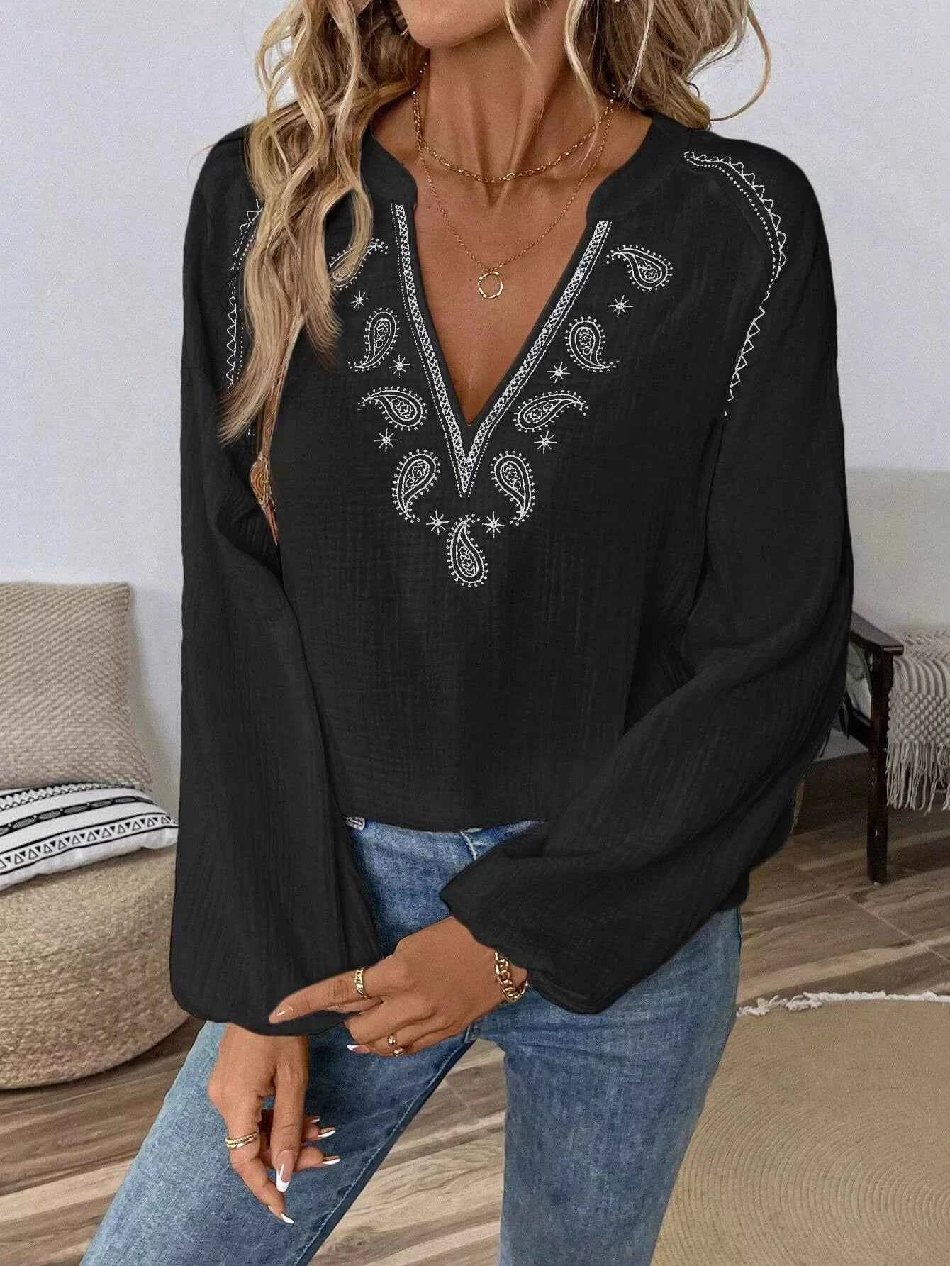 Paisley Notched Balloon Sleeve Blouse cc9514cf-2acd-4170-9e0e-5f2c8c6d611a-Max-Origin
