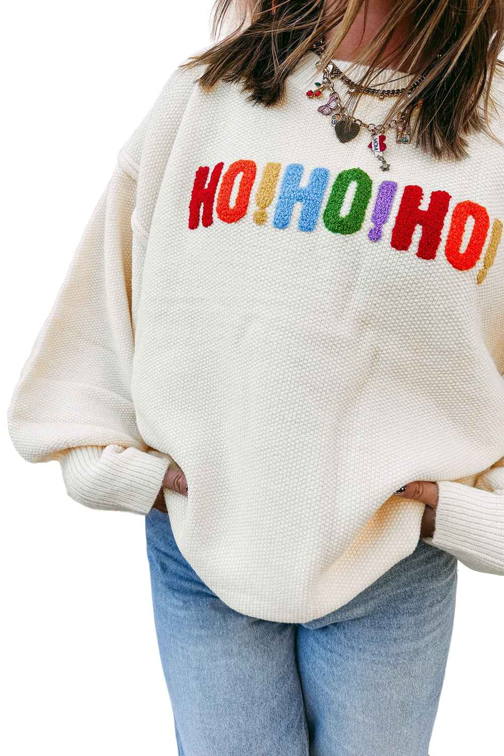 White HOHOHO MERRY CHRISTMAS Chenille Letter Graphic Holiday Sweater cc97090224be66ba