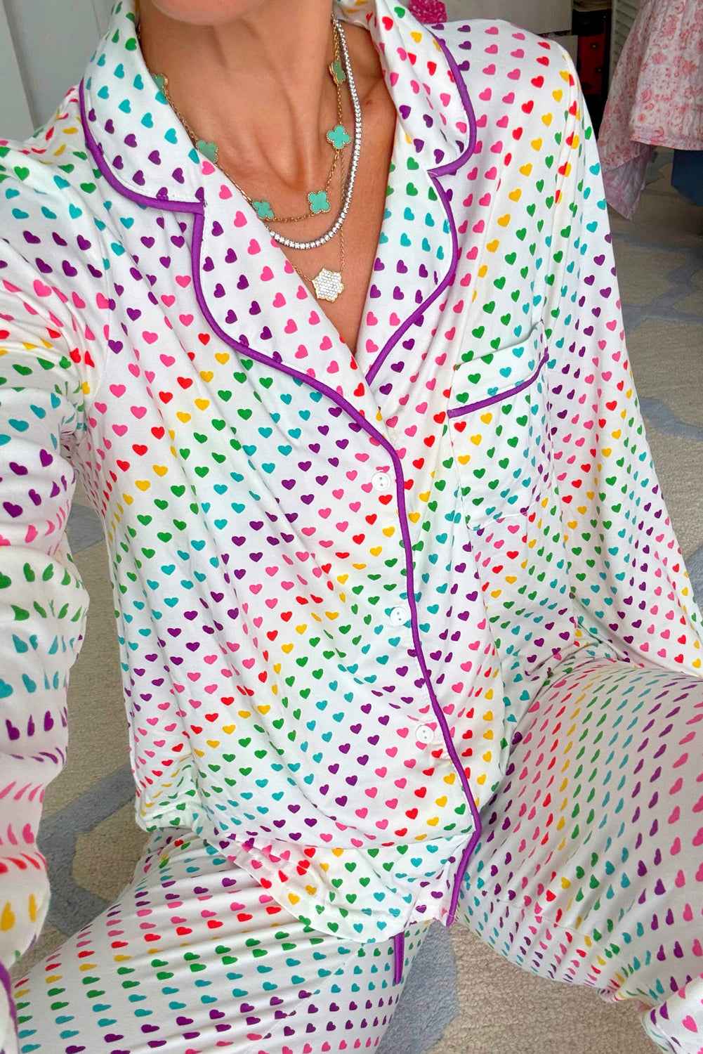White Pride Heart Print Valentines Long 2pcs Pajama Set cc98edc0b5a27190