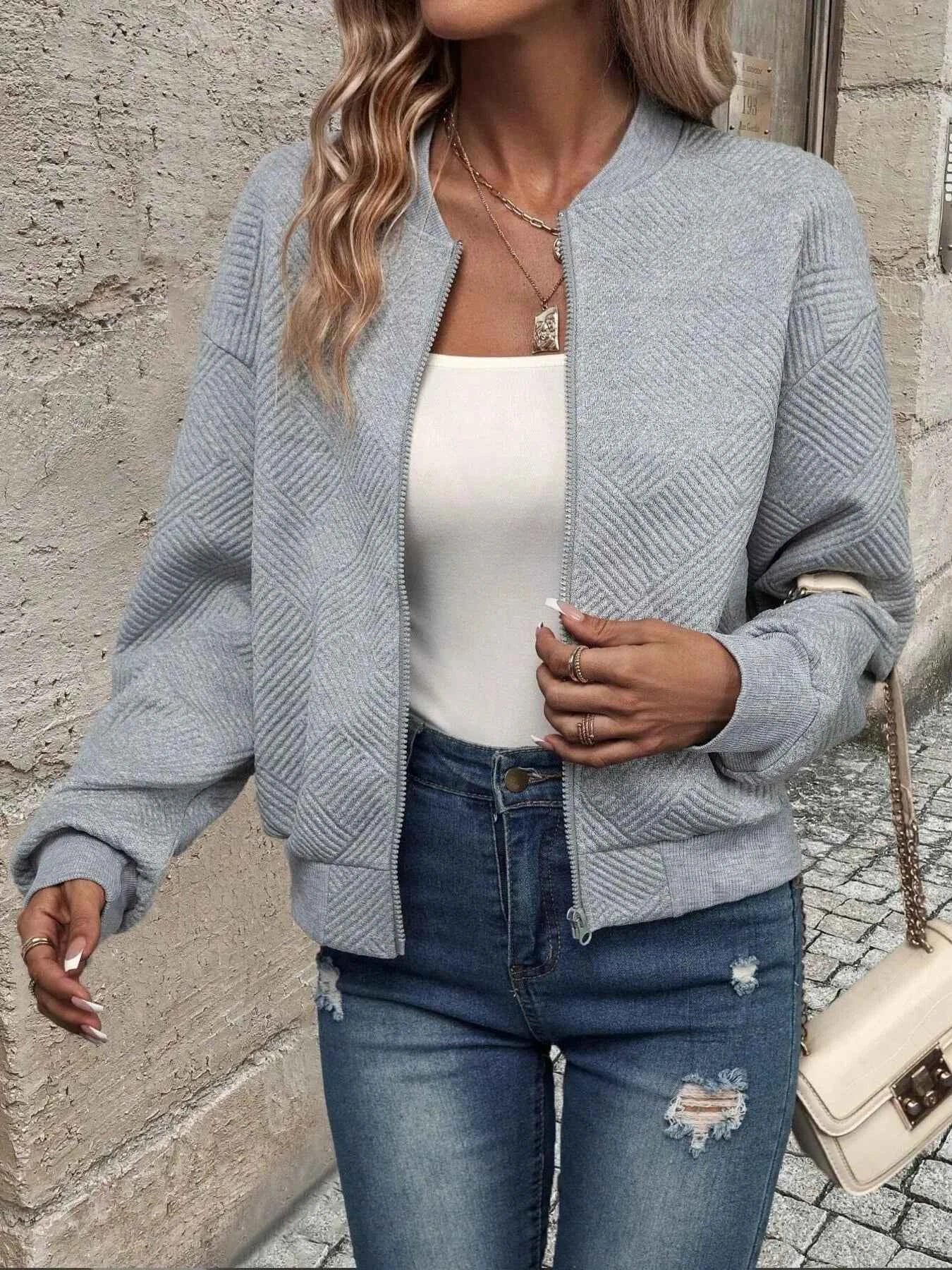 Zip-Up Textured Long Sleeve Jacket Grey cc995da2f40843db9fc07e1710f9aa2e-Max-Origin