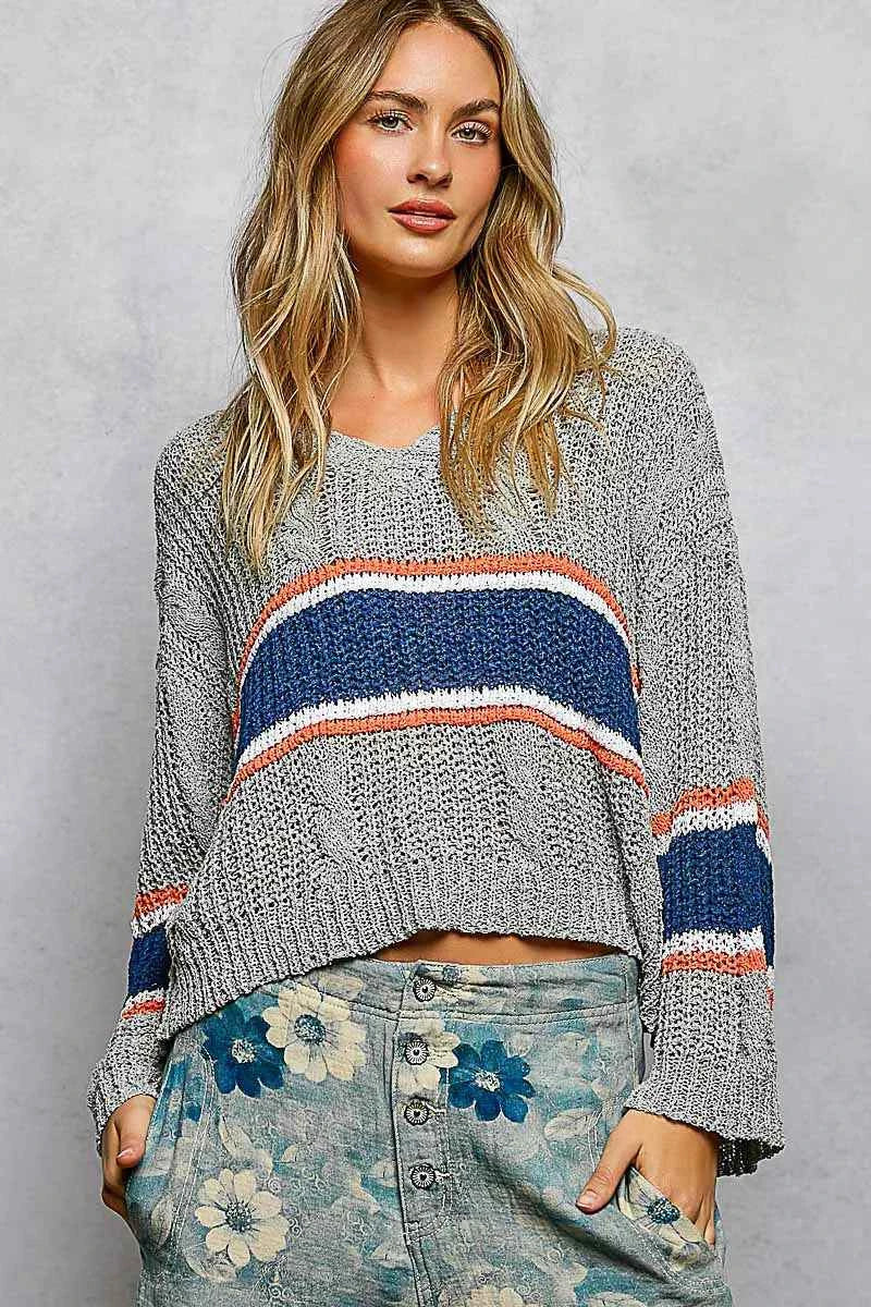 POL V-Neck Striped Pattern Cropped Knit Top with Cable Knit Detail GREY cc99861a-d10e-4936-b7ff-7026ef5e56d6-Max-Origin