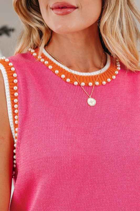 Contrast Trim Pearl Crewneck Sweater Top cc9c82f1-951b-4d78-9ceb-6ca3c1a2f5dd