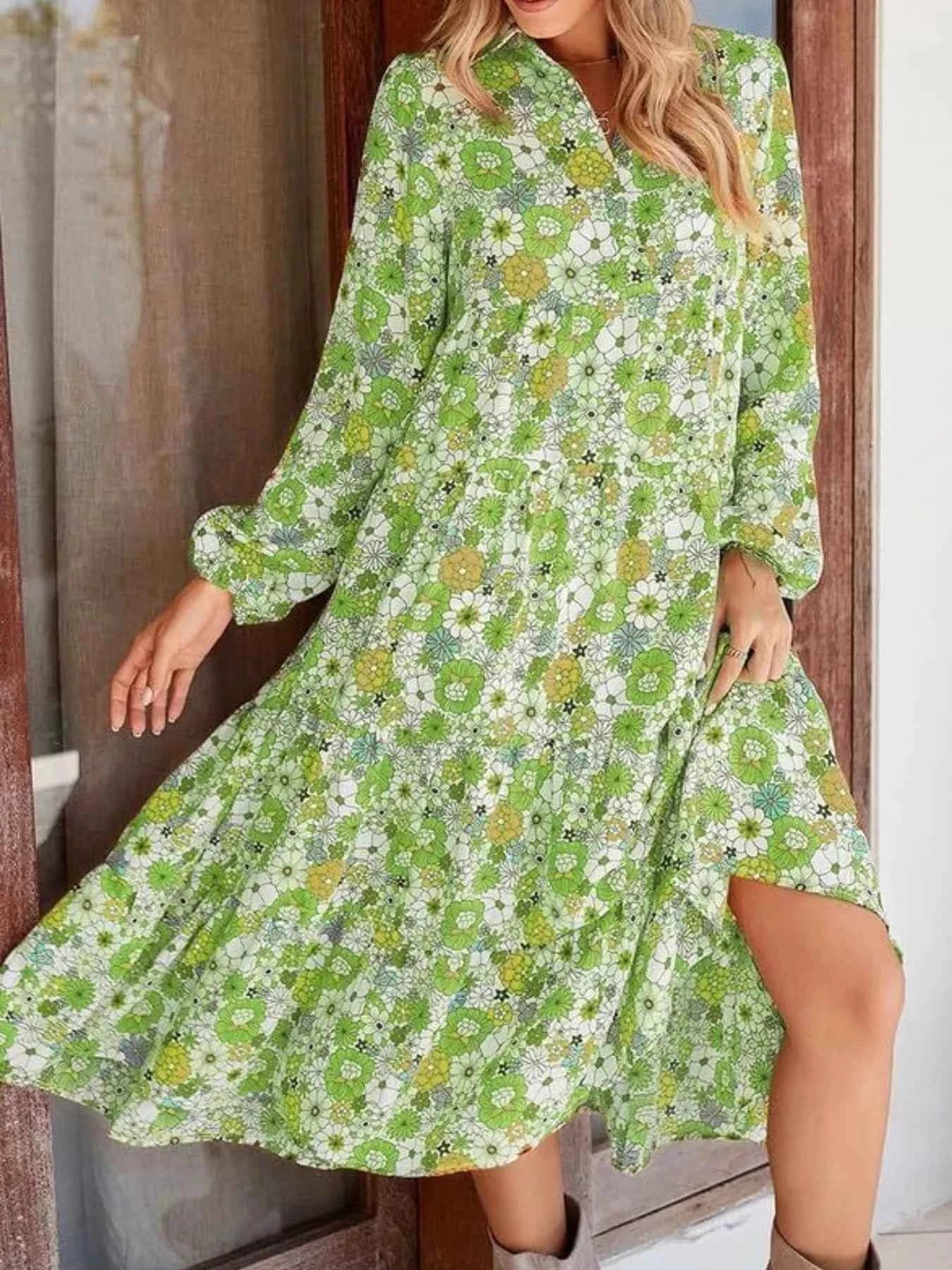 Floral Print Balloon Sleeve Midi Dress Light Green cca1233b0cbf4ba6a39e5321329e38f1-Max-Origin
