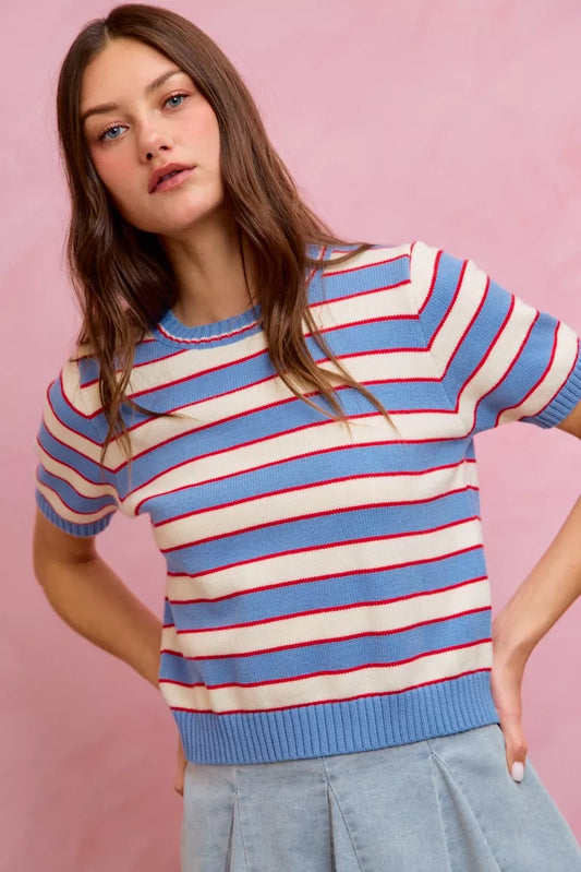Stripe Knit Crew Neck Short Sleeves Sweater Top cca17f53-1331-4dbe-abab-334f58090999-Max-Origin
