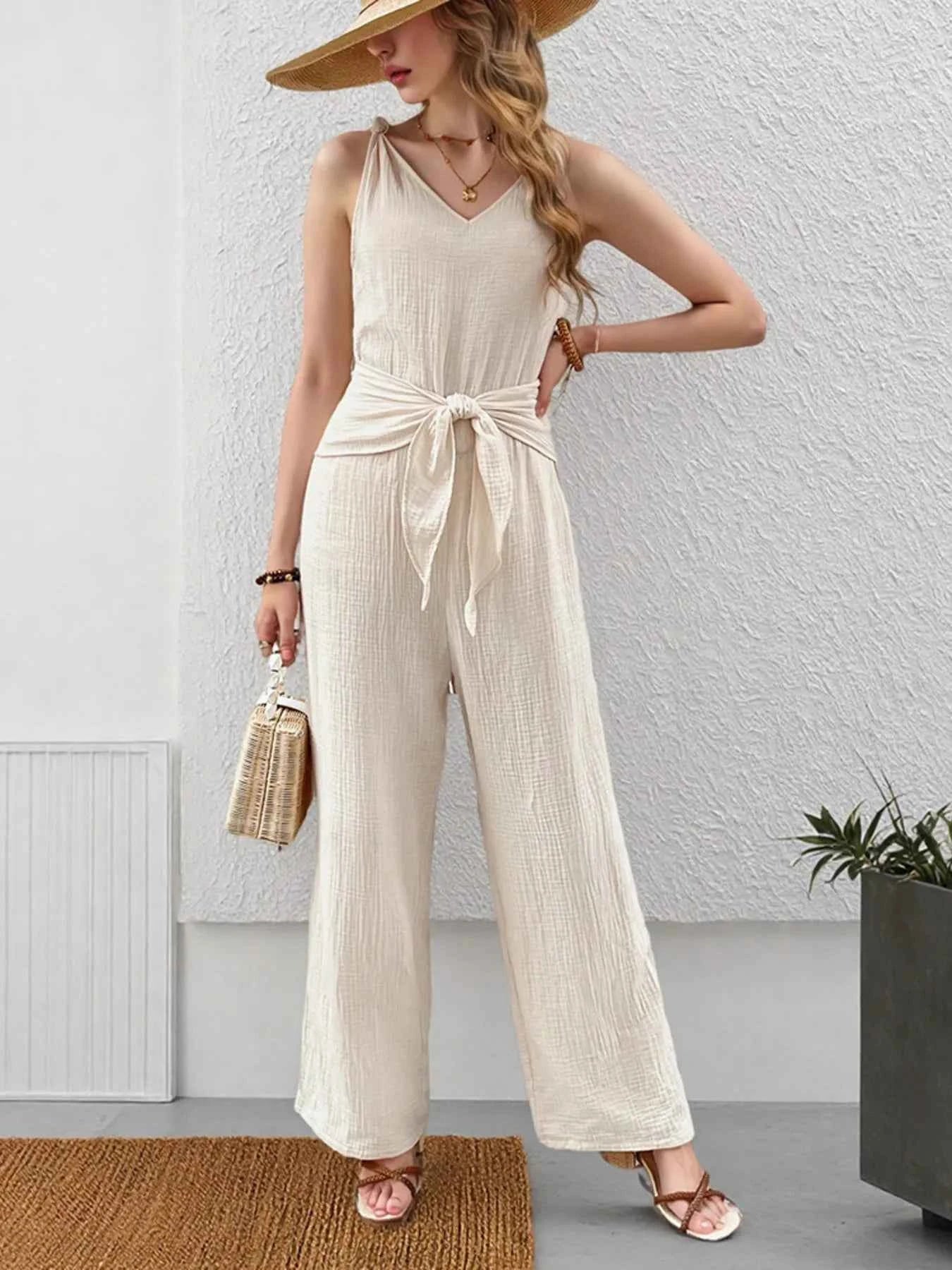 Sleeveless V-Neck Wide Leg Jumpsuit Cream cca30cd5c0c14a4387f174cf4e3079ac-Max-Origin