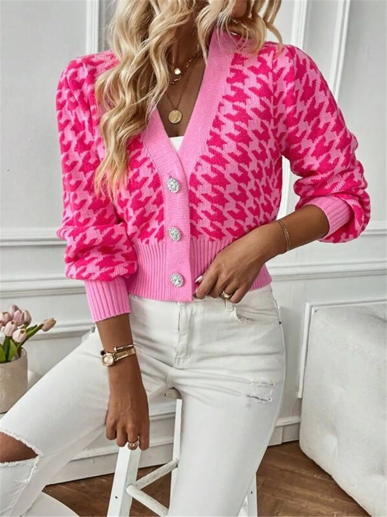 Houndstooth V-Neck Button Up Cardigan cca80f56c26a4259b9abef3343180cc9-Max-Origin