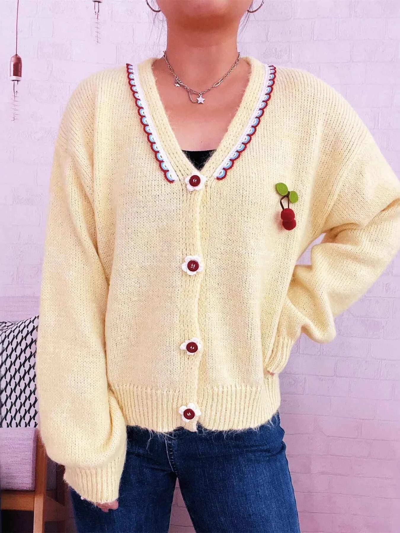 Cherry Button-Front Long Sleeve Cardigan ccae756f690a48bdbd048fe78d46d012-Max-Origin