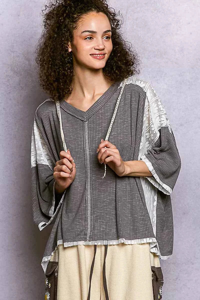 POL Short Sleeve Hoodie Top with Lace Detail GREY ccae8988-3f6a-42f8-a47a-66bd784c5cb4-Max-Origin