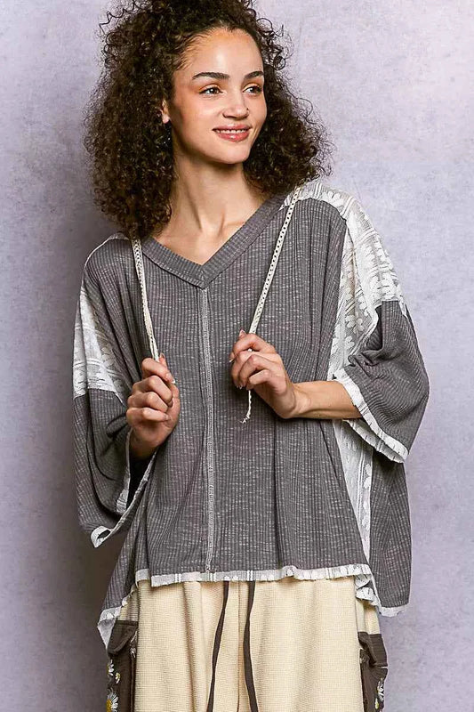 POL Short Sleeve Hoodie Top with Lace Detail GREY ccae8988-3f6a-42f8-a47a-66bd784c5cb4-Max-Origin