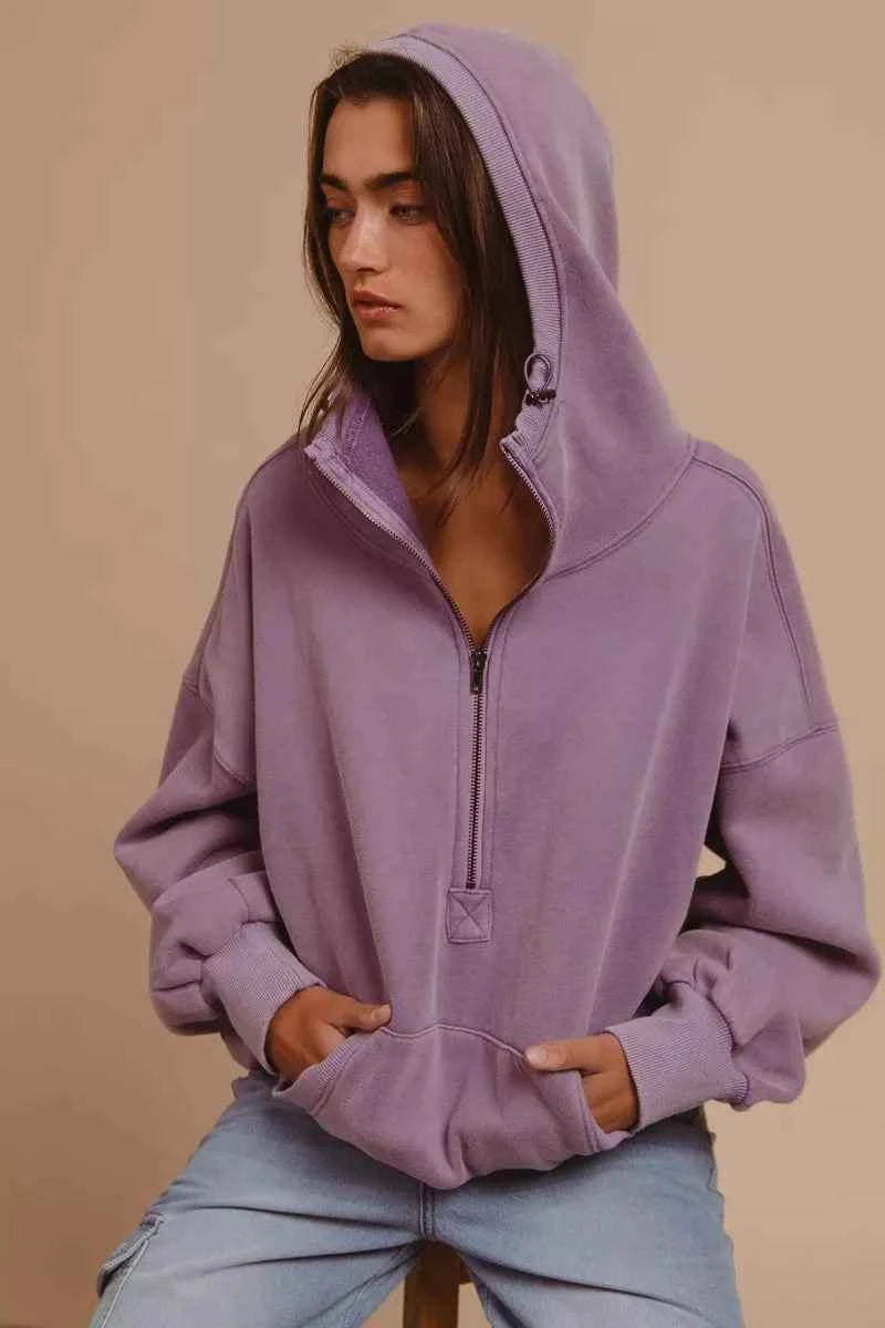 Stitch Detailed Elastic Hem Half Zip Fleece Hoodie ccb04953-f12e-4014-ba58-c583574beba1-Max-Origin