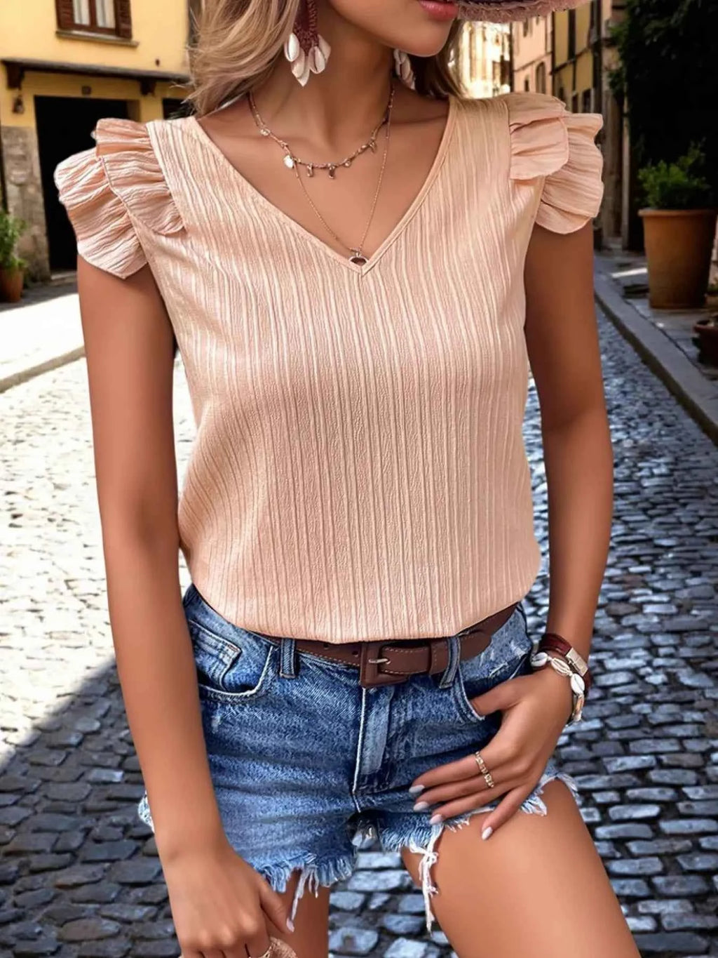 Ruffle Sleeve V-Neck Blouse ccb212b70a1844f5b1575dace160d077-Max-Origin