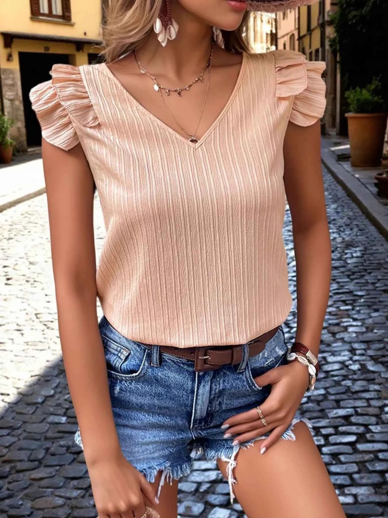Ruffle Sleeve V-Neck Blouse ccb212b70a1844f5b1575dace160d077-Max-Origin