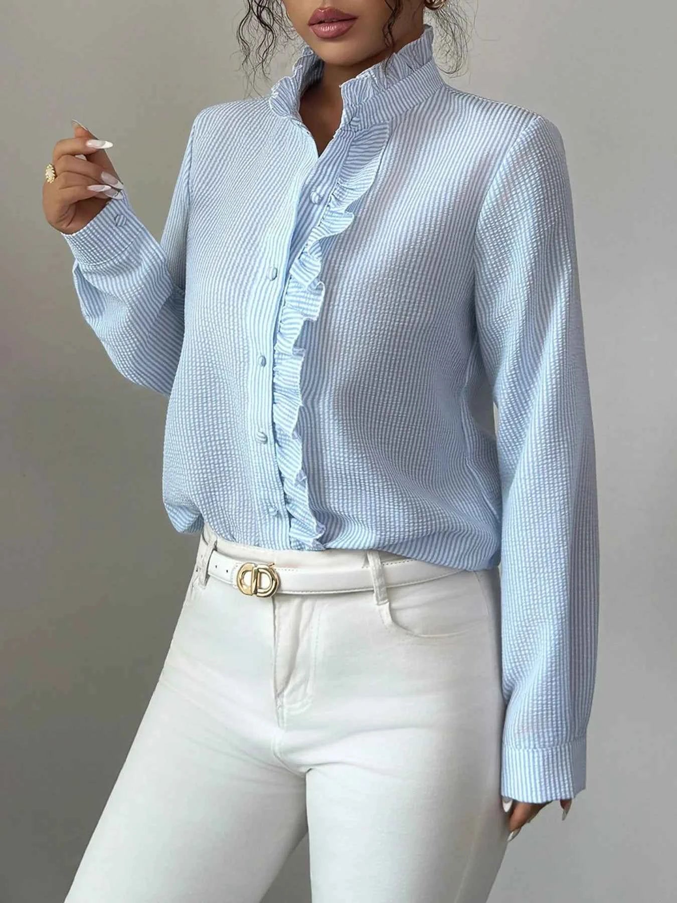 Ruffle Front Striped Button-Up Shirt ccb475b5-24a9-45c2-87fb-5dcc974bfa01-Max-Origin