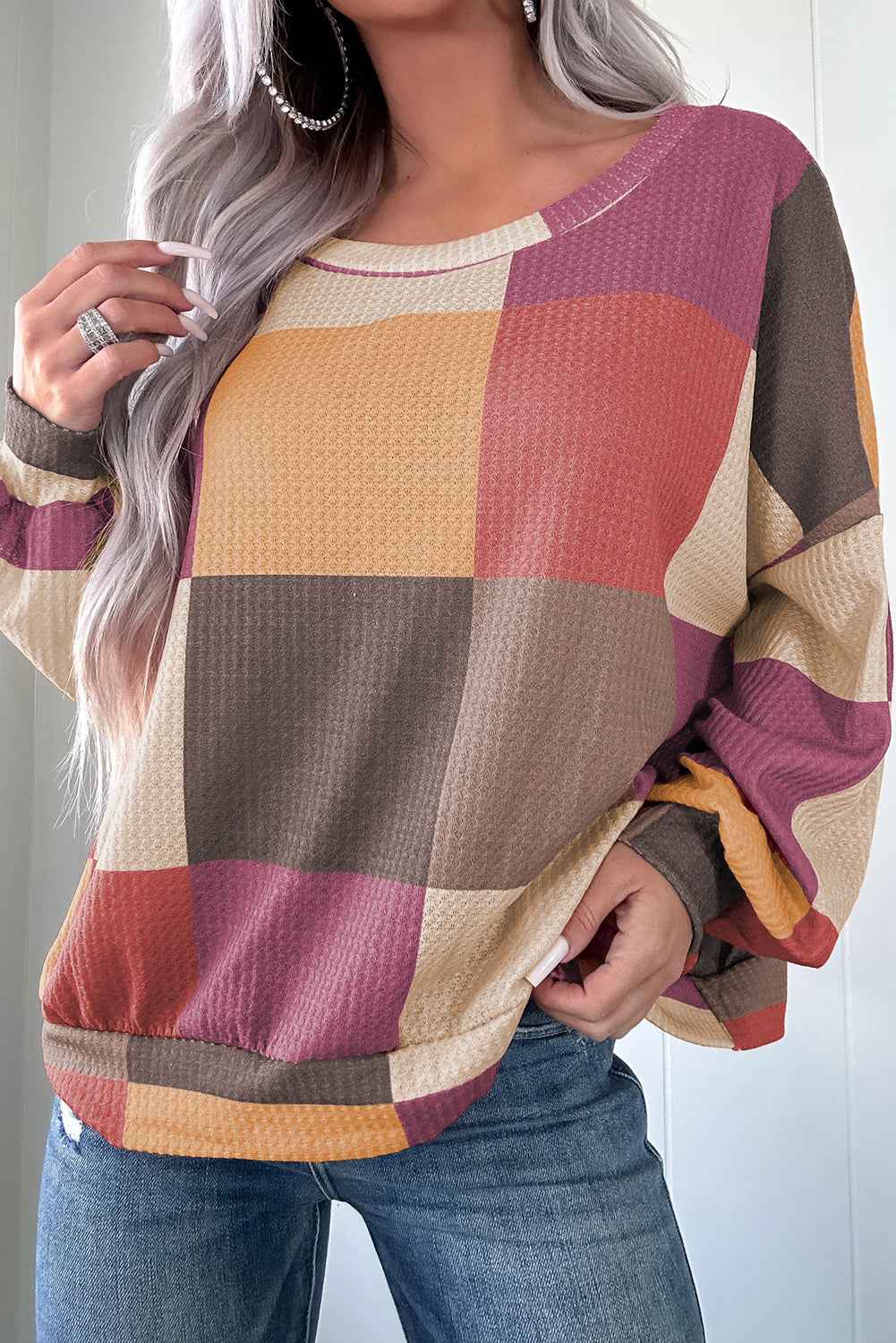Green Checkered Print Textured Knit Long Sleeve Loose Top ccb67caee05dcaa3