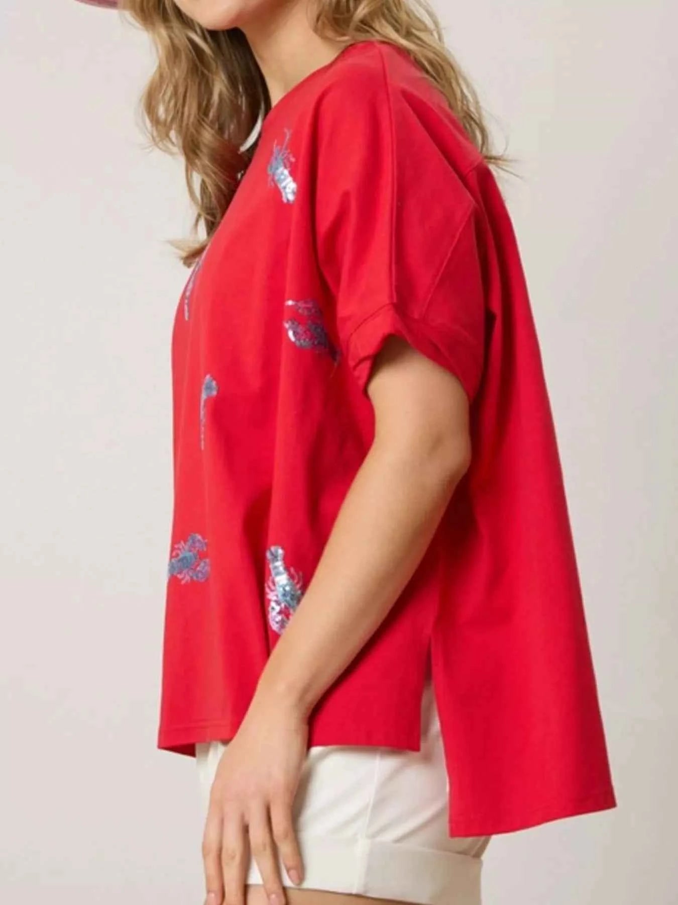 Sequin Lobster Round Neck T-Shirt ccb7ea0c-cad1-47cb-bf42-6aa4780c81ec-Max-Origin