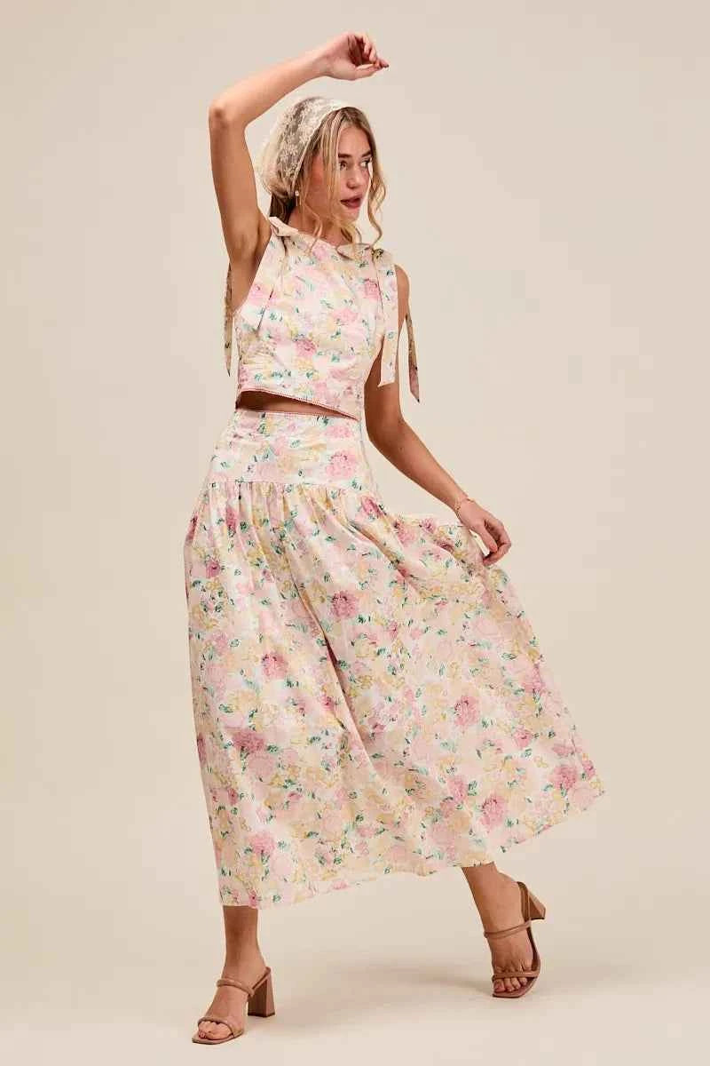 SO ME Floral Printed Woven Shoulder Bow Tie Top and Skirt Set ccba487d19d647eca384dc9374f49723-Max-Origin