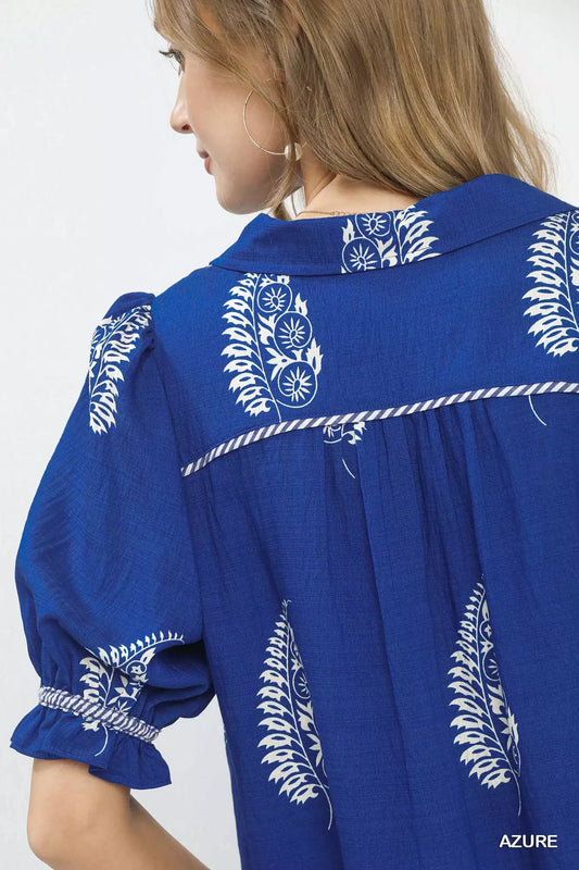 Printed Puff Sleeve Split Neck Top ccbb7bc1-1411-4819-911c-bd6762f6bc41-Max-Origin