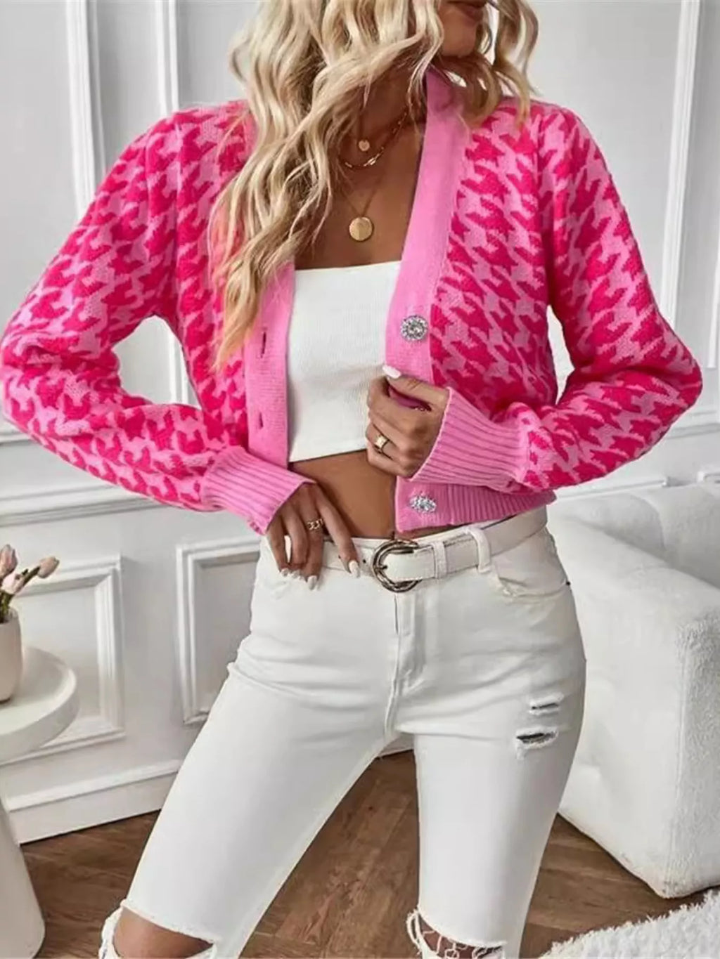 Houndstooth V-Neck Button Up Cardigan ccbb841f56e2490da9dd21b15a4acf9a-Max-Origin