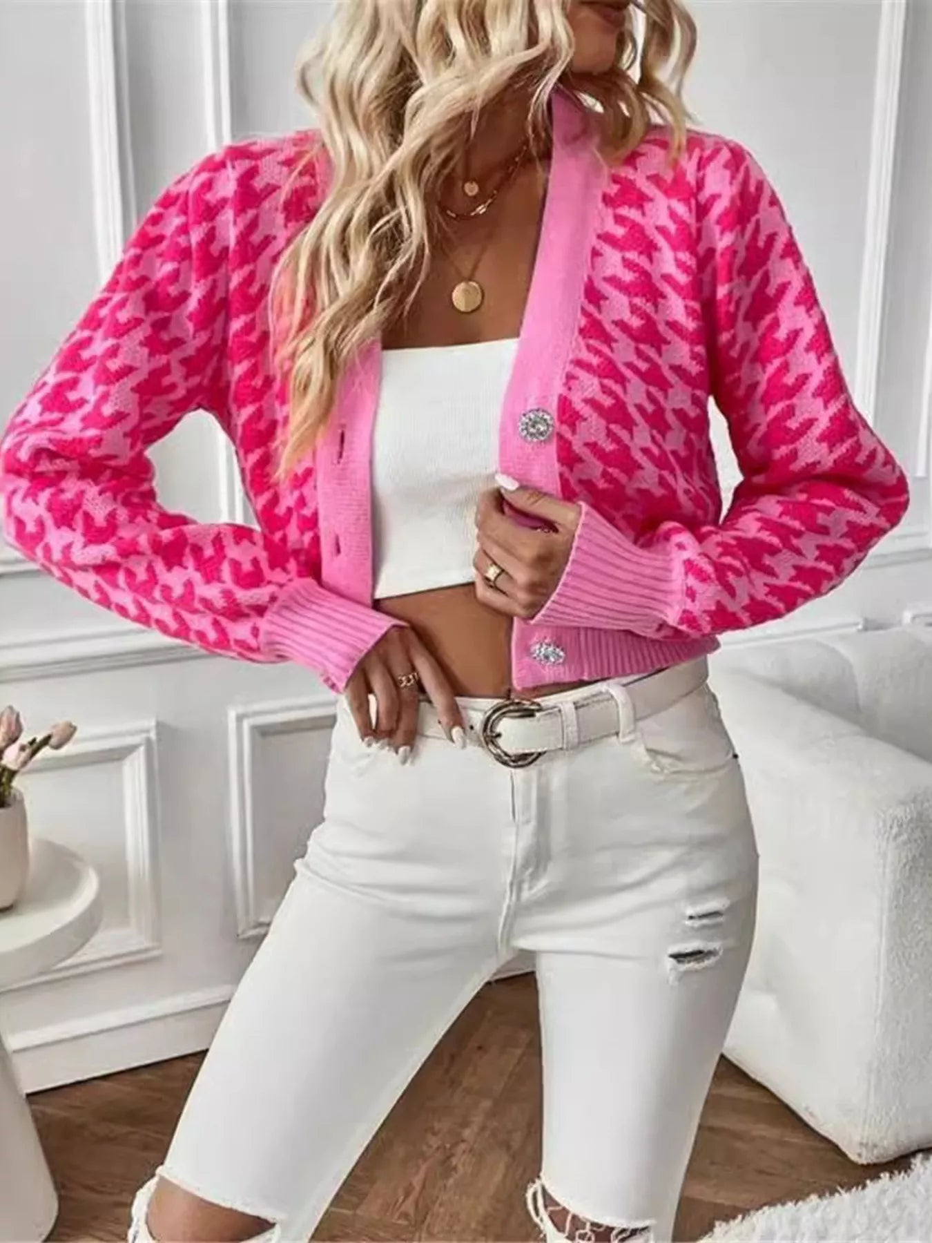 Houndstooth V-Neck Button Up Cardigan ccbb841f56e2490da9dd21b15a4acf9a-Max-Origin