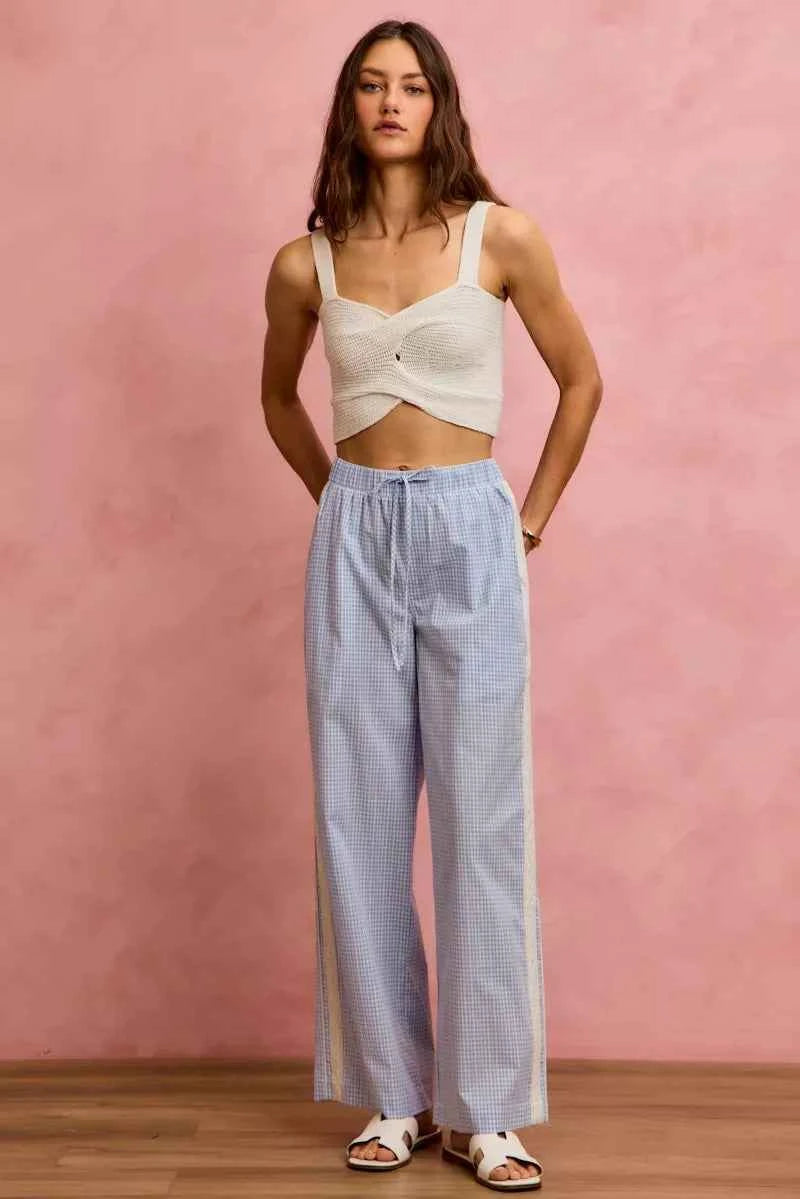 SO ME Wide Check Pants With Side Lace Trim And Piping ccc0d92a73e2451e934d078ad9435842-Max-Origin