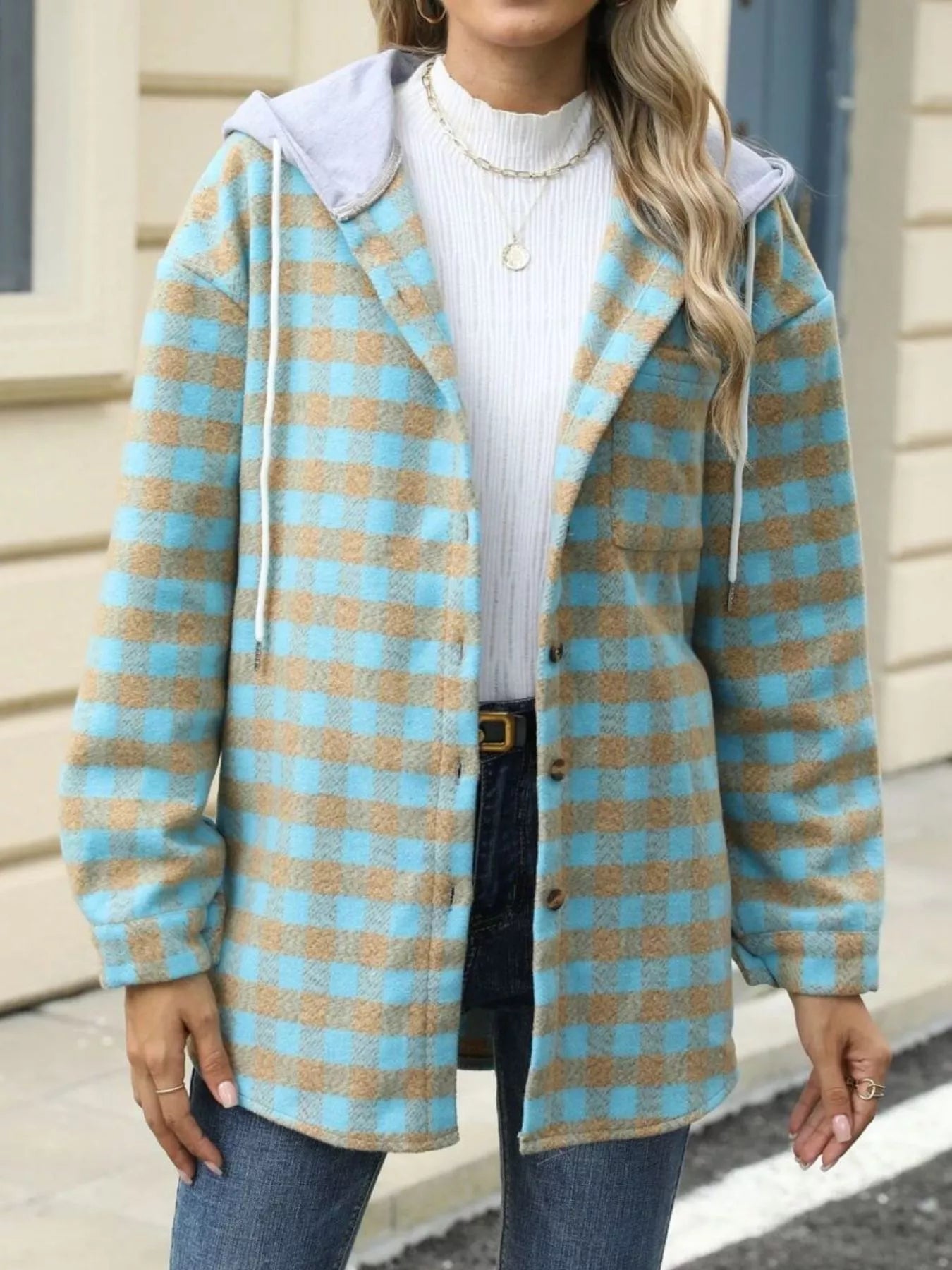 Plaid Button Up Long Sleeve Drawstring Hooded Jacket Light Green ccc0ecb5-2448-4566-9ee4-7824042b0dd5-Max-Origin