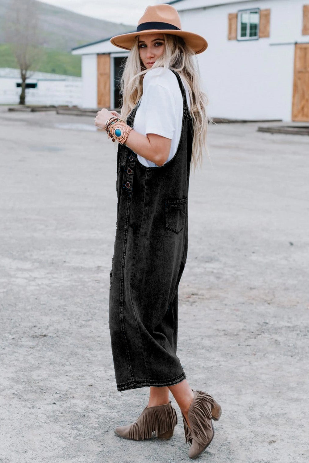 Black Distressed Bib Pocket Wide Leg Denim Overall ccc4ee4f10f1dd0f