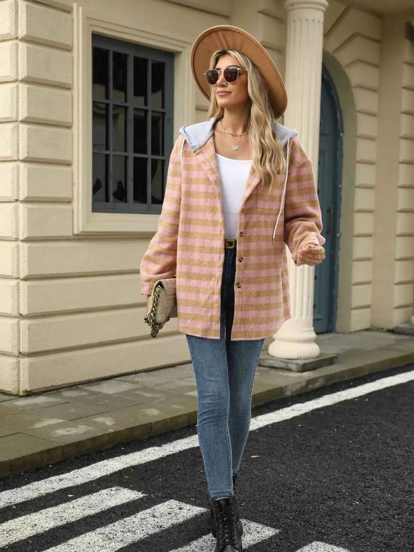 Plaid Button Up Long Sleeve Drawstring Hooded Jacket cccadb6d0d1a494cbab8376098ab32a6-Max-Origin