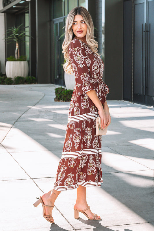 Brown Floral Print Belted Striped Trim Tiered Maxi Dress cccc2336d654cb11