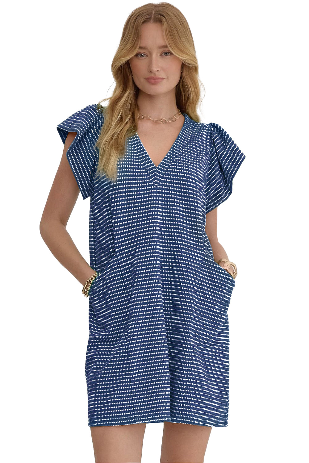 Blue Stripe Textured Knit V Neck Flutter Sleeve Shift Mini Dress cccd6da4972d7761