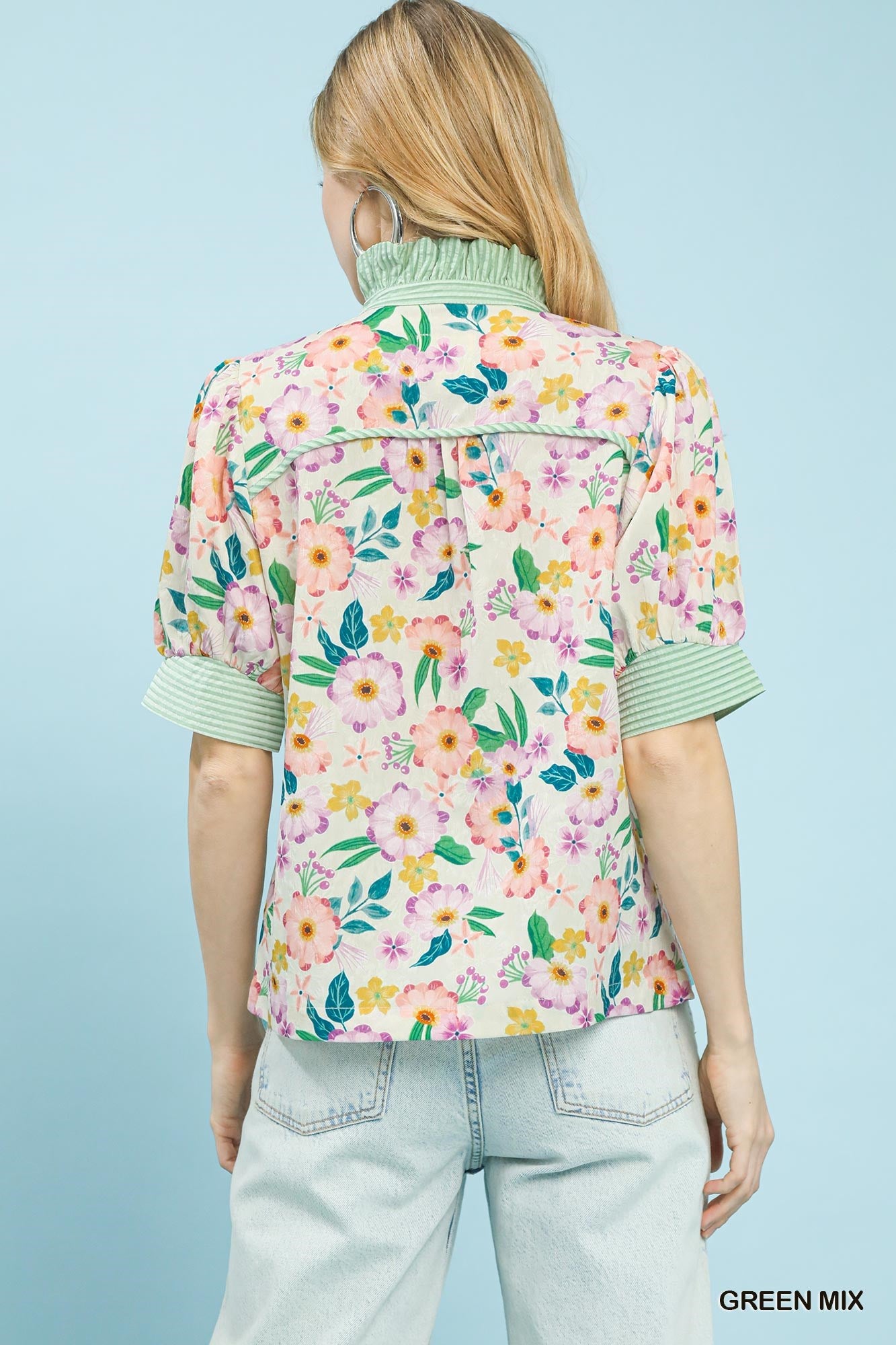 Umgee Floral Print Jacquard Ruffle Top ccd0c7c6-0a07-4958-a889-b7668ab98b7f-Max