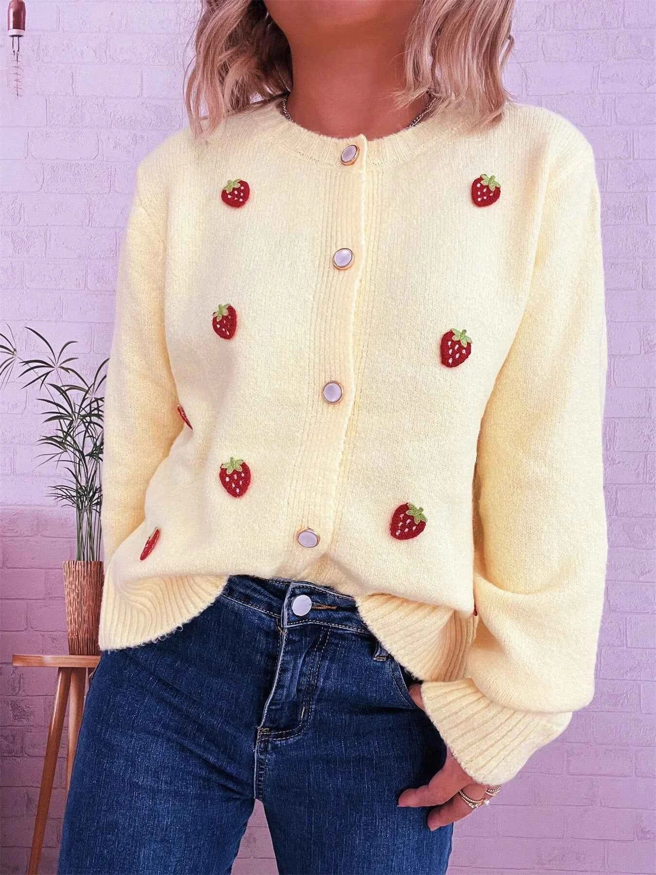 Strawberry Button Up Long Sleeve Cardigan ccd46f8e76ef4a4bb945578be6b2337c-Max-Origin