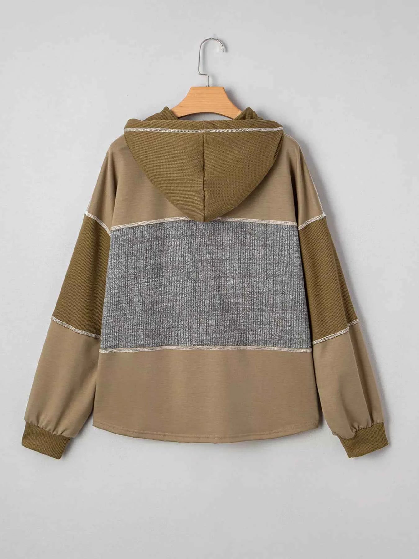 Mixed Texture Patchwork Exposed Seam Half Button Hoodie ccd4de161d2342fba74c8dbbb178e34f-Max-Origin