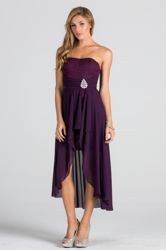 Women’s Strapless Chiffon High-Low Dress – Lace Bodice Open Back Cocktail Dress ccdc332f-4941-438c-903c-15f346c138ee