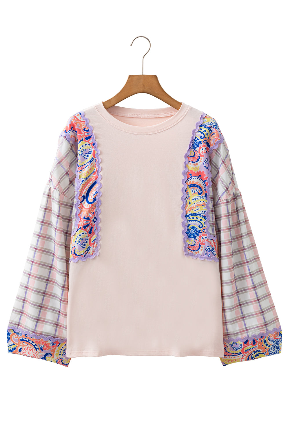 Delicacy Ricrac Trim Floral Plaid Patchwork Puff Sleeve Top ccdebf1d33dfa28b
