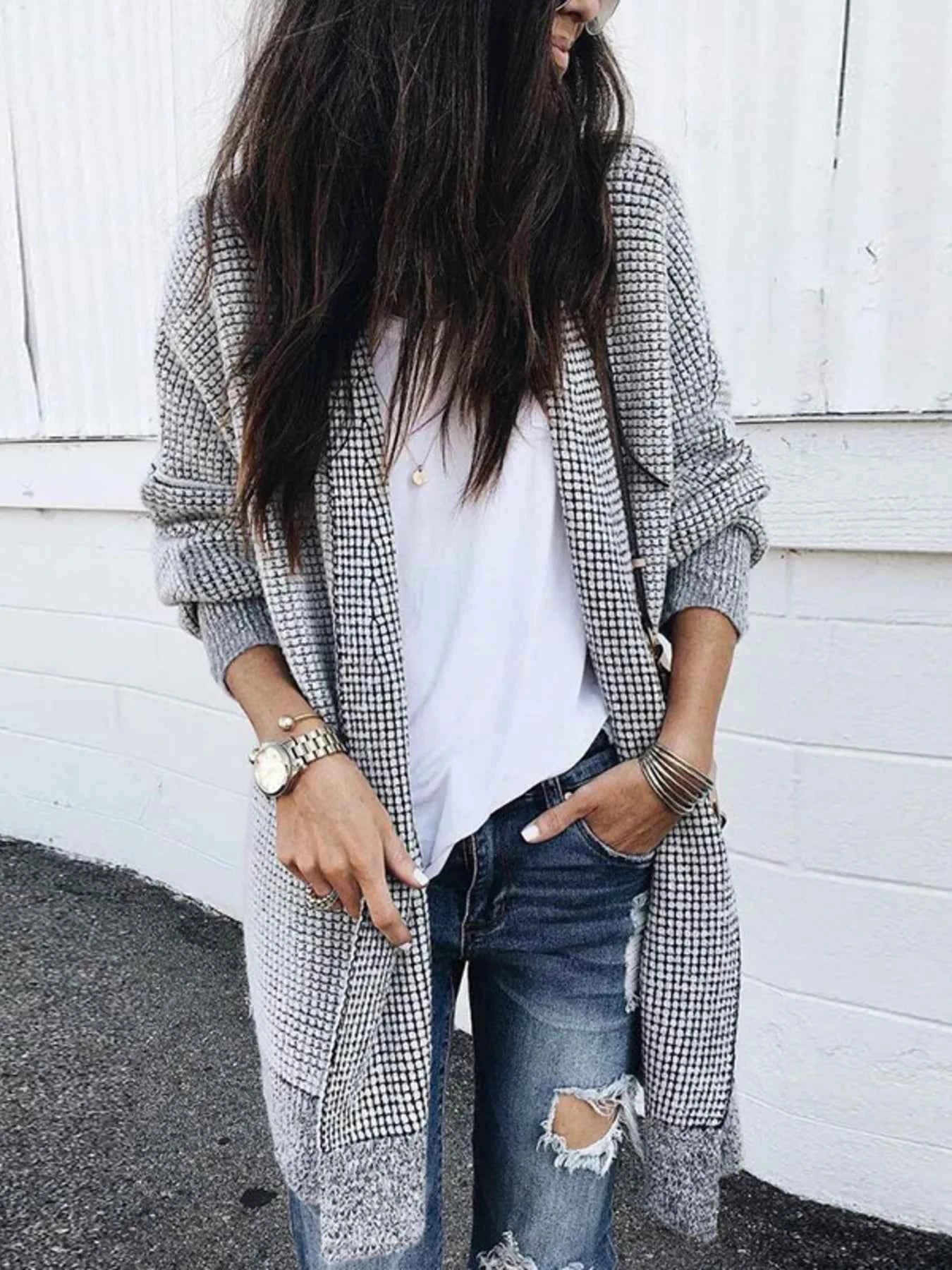 Contrast Plaid Longline Cardigan with Ribbed Trim Plaid cce0be3eaf1e4a039e92e6167aa3ad36-Max-Origin