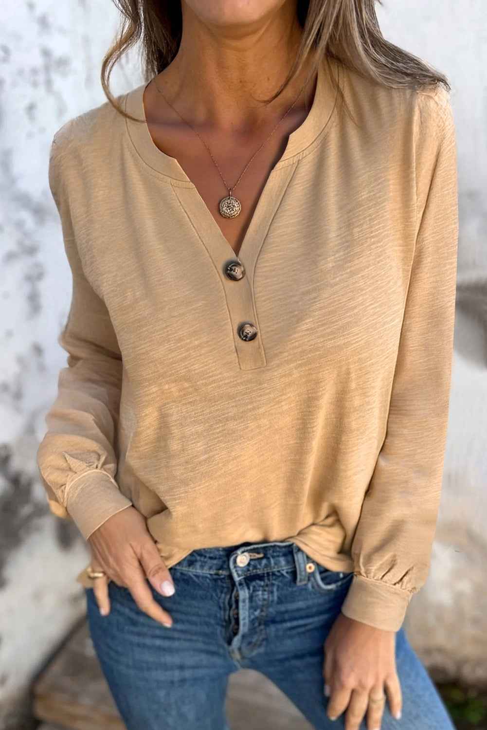 Racing Red Casual Button V Neck Long Sleeve Top Light French Beige 65%Polyester+35%Cotton cce722006363e80d